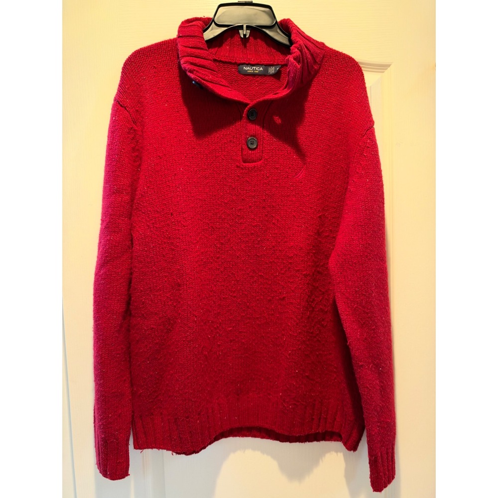 Nautica Mens XL Red Wool Blend Mock Neck Button Pullover Sweater Speckled Knit